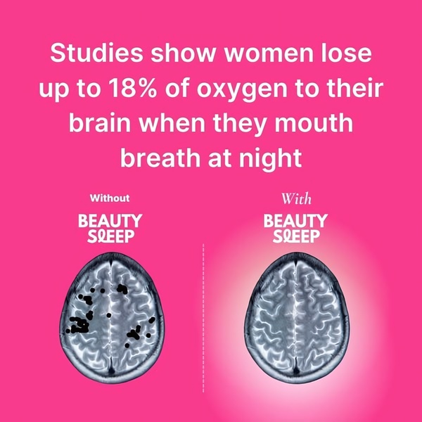 A square split-screen ad highlighting brain oxygen levels with and without a sleep aid device, using clinical imagery to validate product benefits.